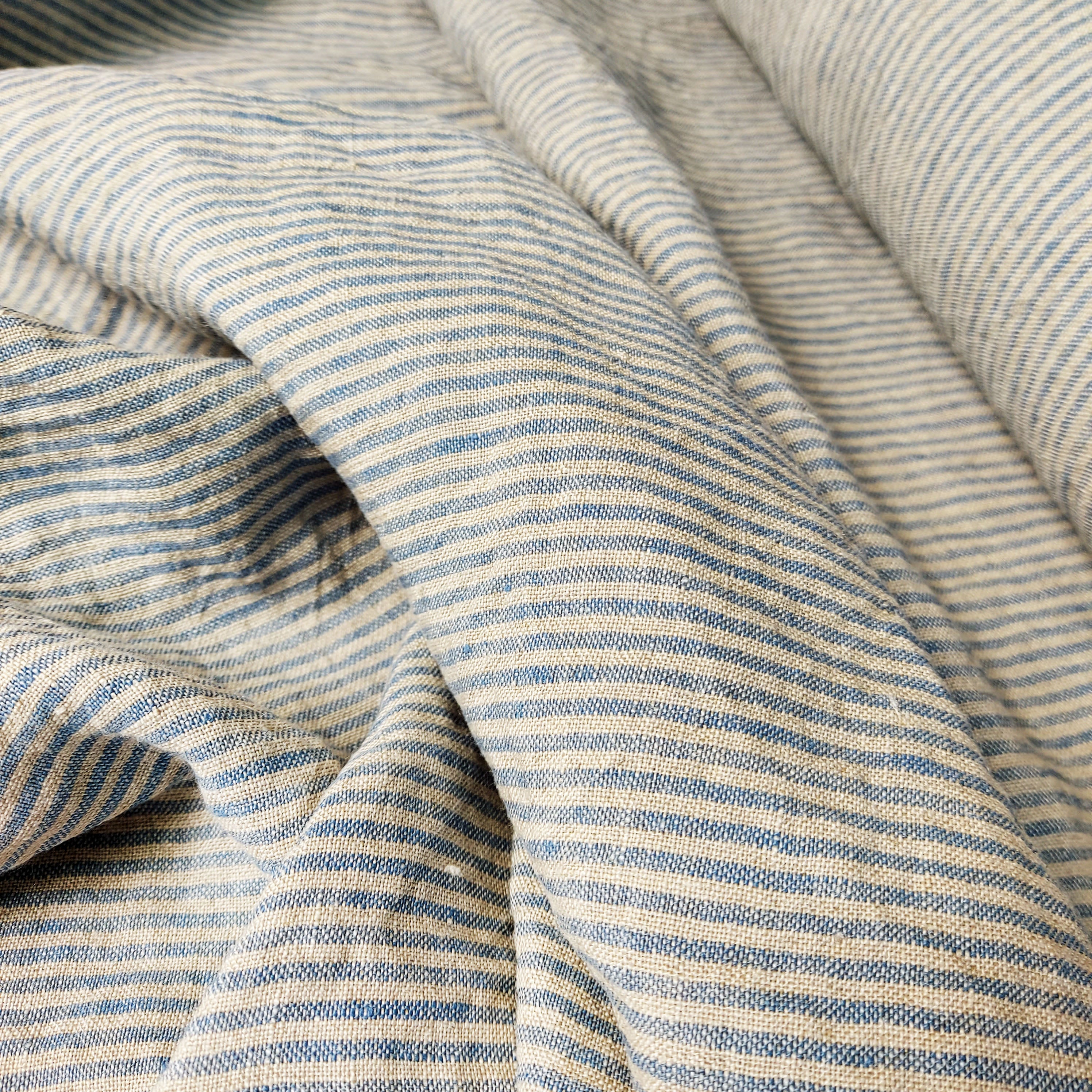 Sea stripes - white blue striped - linen fabric - 106L - LithuanianLinen