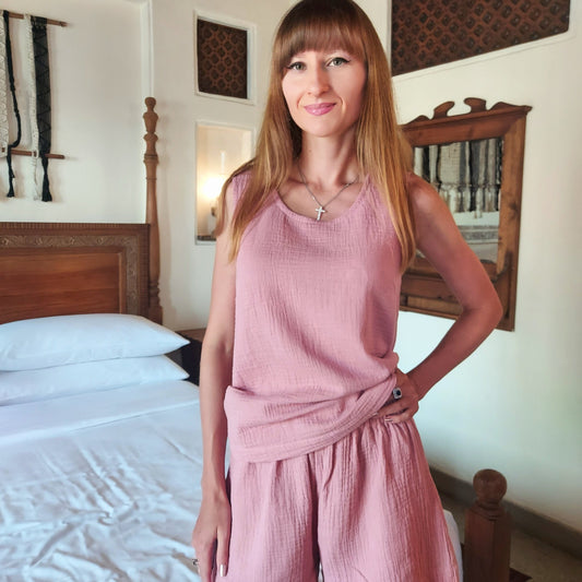 Muslin Pajama, Cotton top and shorts set, Muslin sleepwear, Two piece set, S-XL