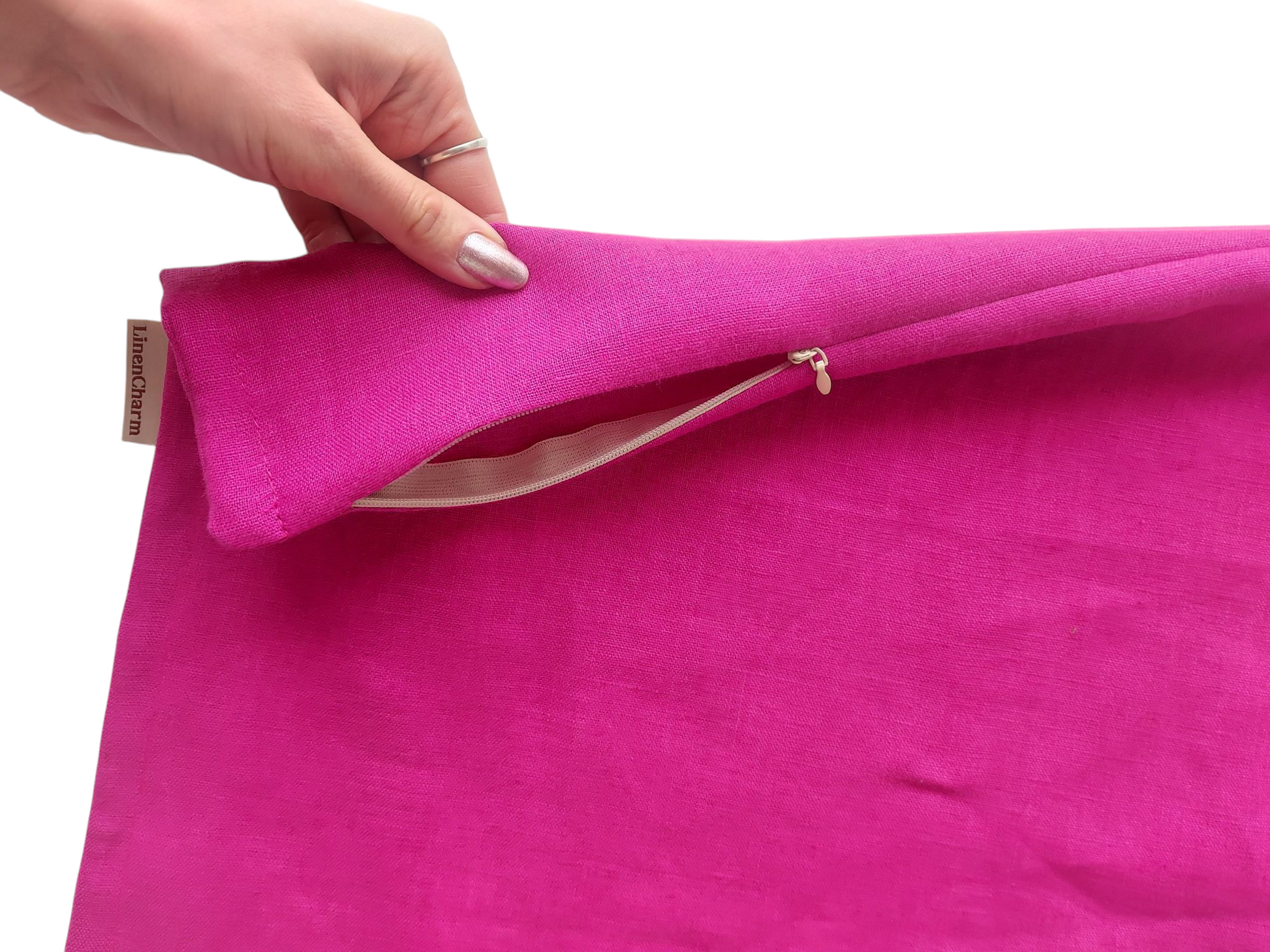 Fuchsia Linen Pillow Cover – Handmade decorative pillowcase crafted from 100% natural European linen, featuring an invisible zipper closure for a seamless look.
