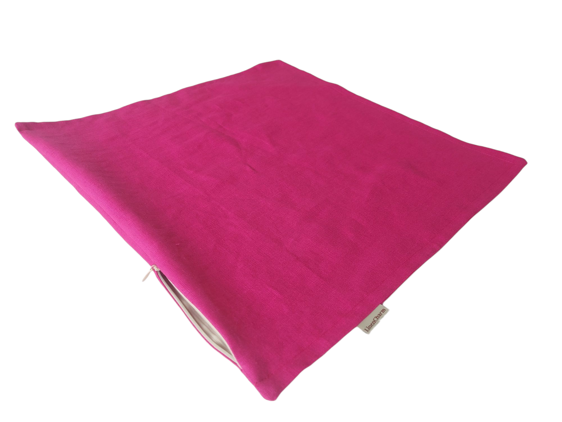 Handmade decorative linen pillowcase in vibrant fuchsia, crafted from premium European linen with a hidden zipper.