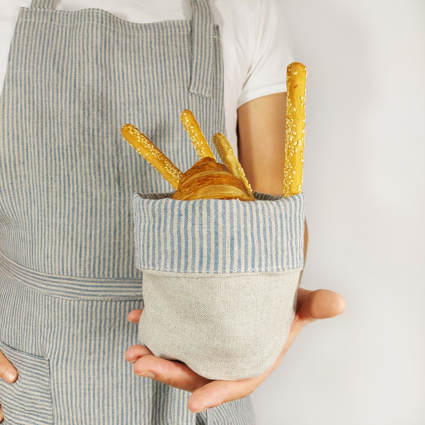 Bread bag, Natural linen bread basket, Linen bowl, Striped linen, Linen bag for sweets, Bag for bakery