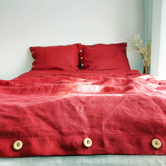 Red linen bedding set, red duvet cover, red pillowcase