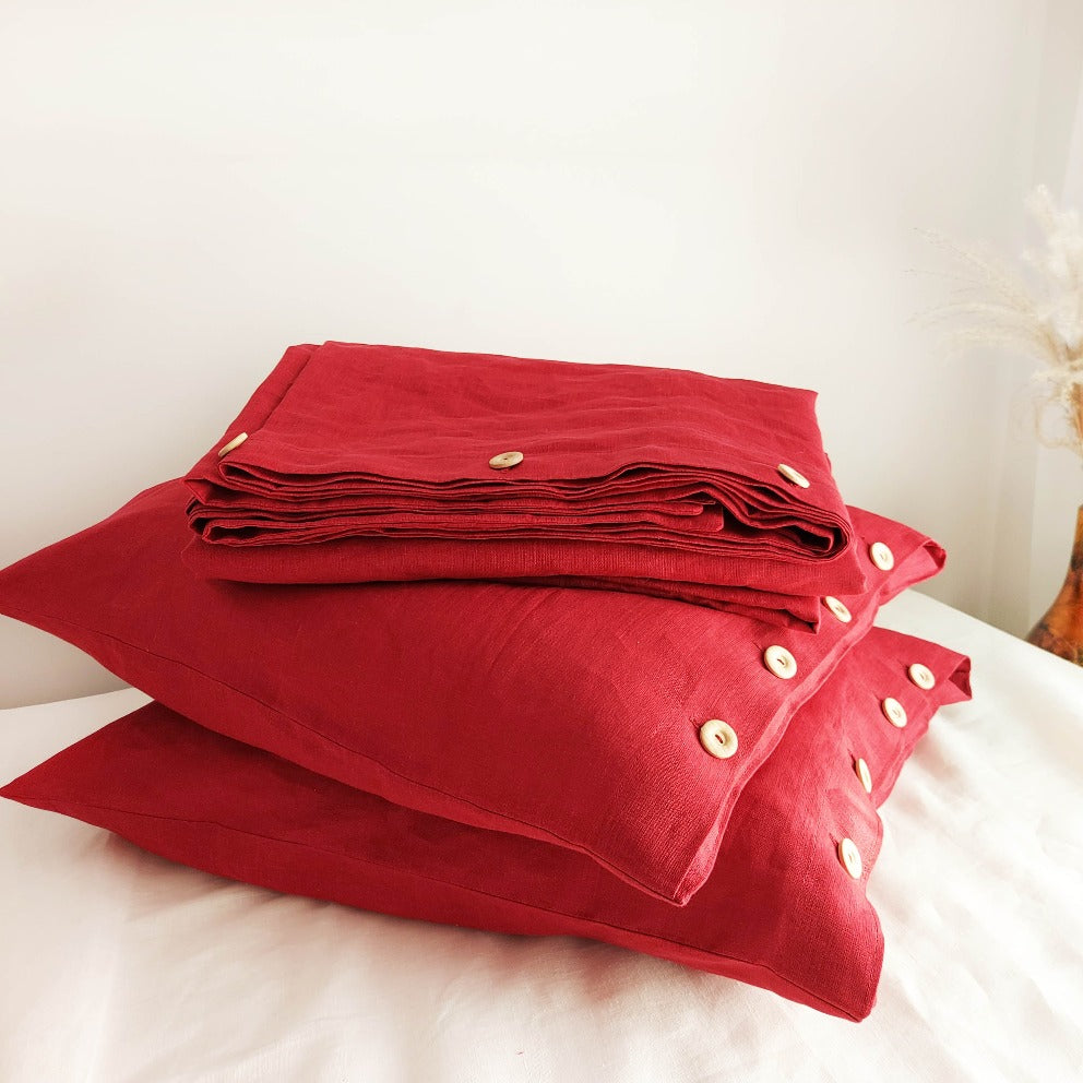 Red linen bedding set, red duvet cover, red pillowcase