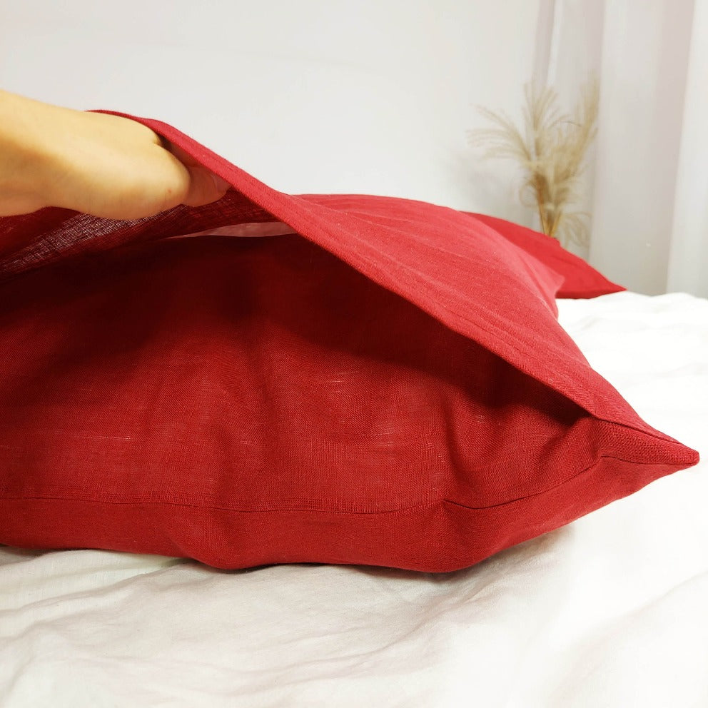 Pillow cover envelope closure, Linen pillowcase, Red pillow cover