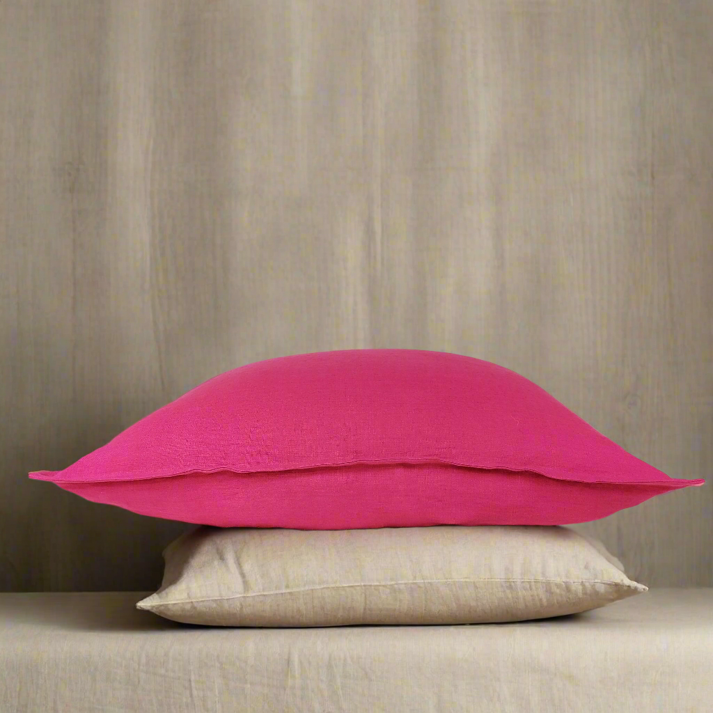 Minimalist linen pillow cover in stunning fuchsia, made from 100% European linen with a seamless hidden zipper.
