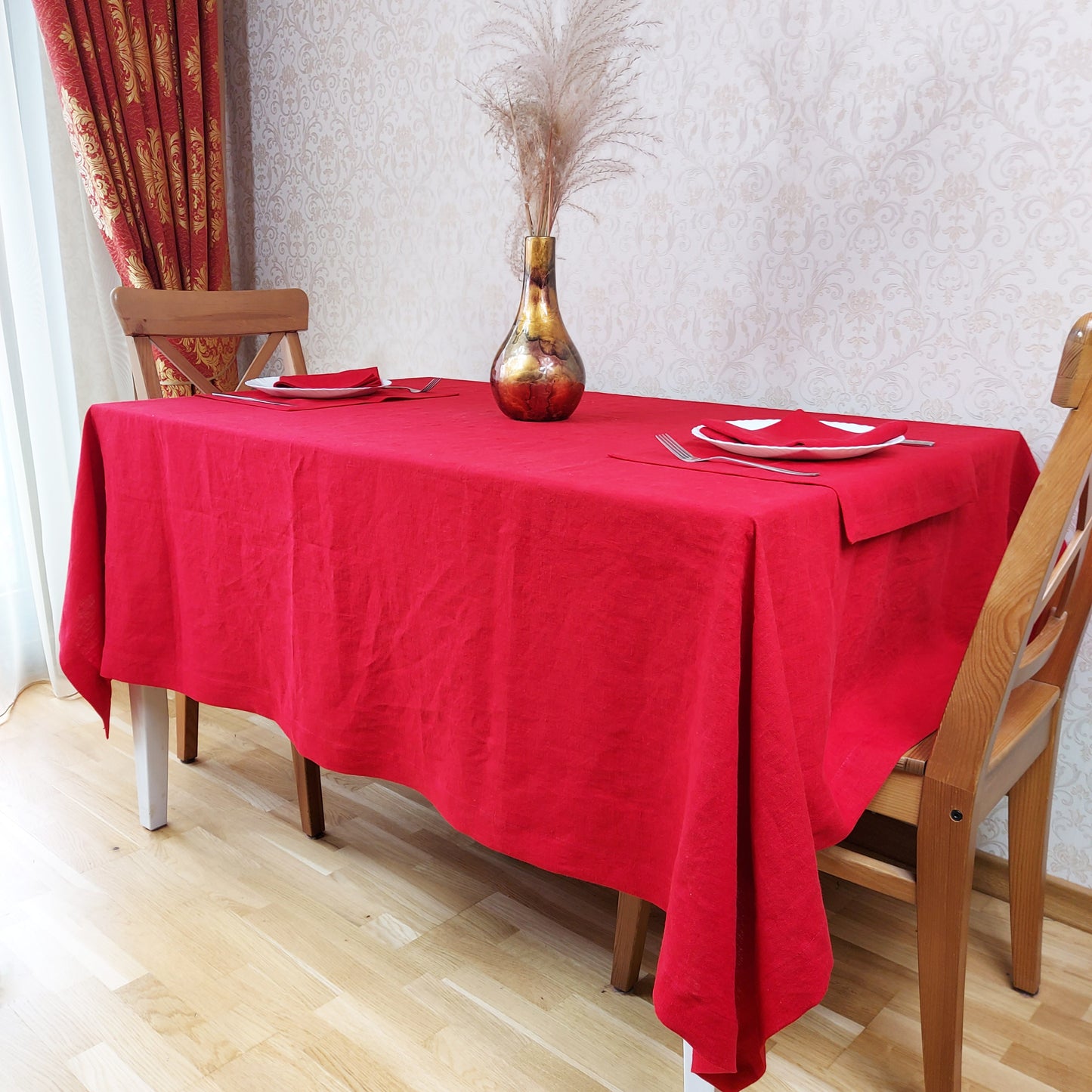 Natural Linen Tablecloth, Stonewashed Linen Tablecloth, 250g/m2 Red
