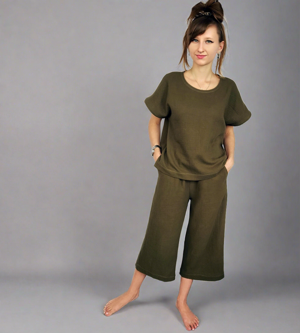Cotton muslin top and capris set,Woman set S-XL, Casual home and beach wear