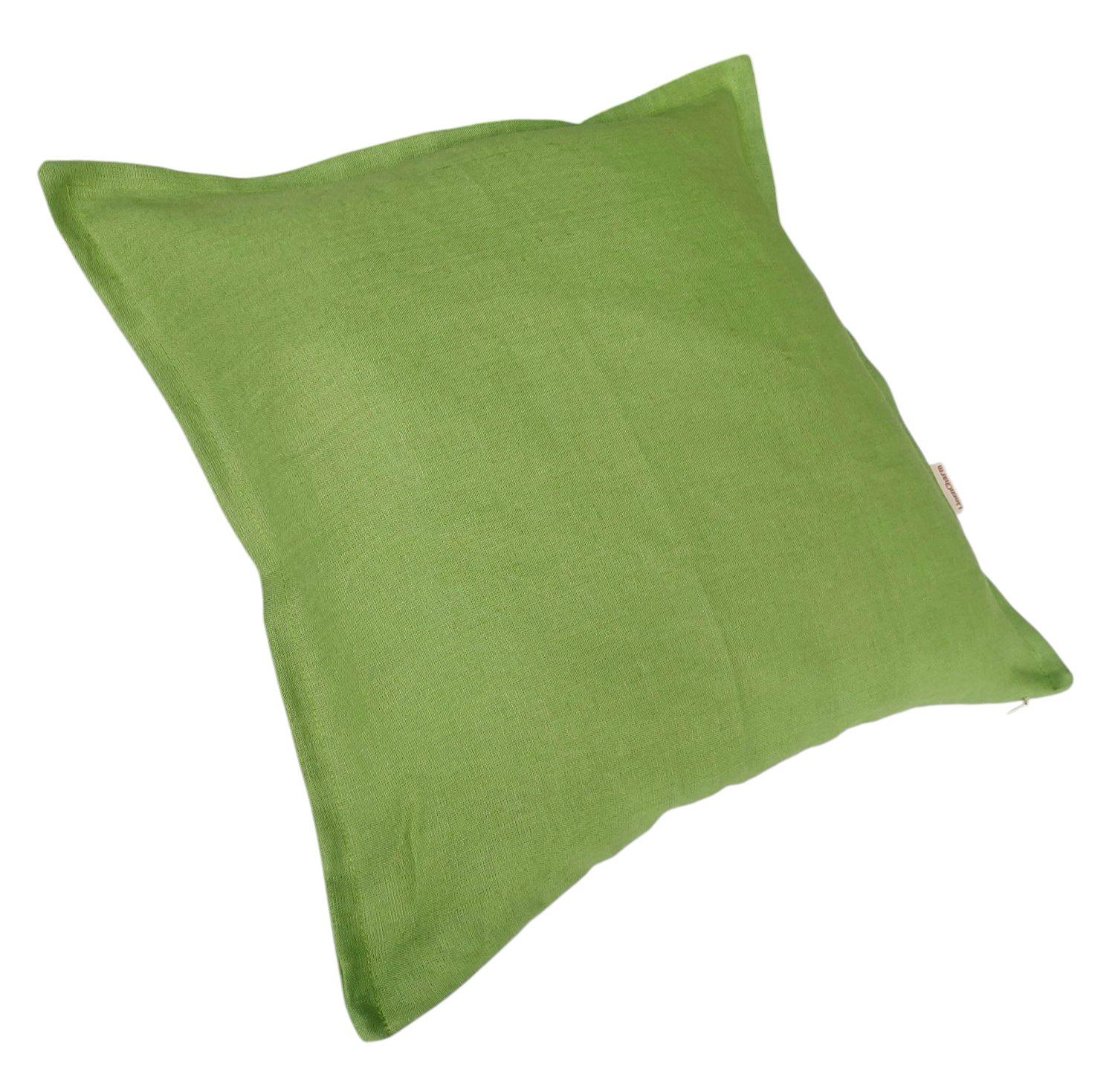 Eco-friendly fern green cushion cover made from high-quality linen, featuring a decorative flange and concealed zipper.