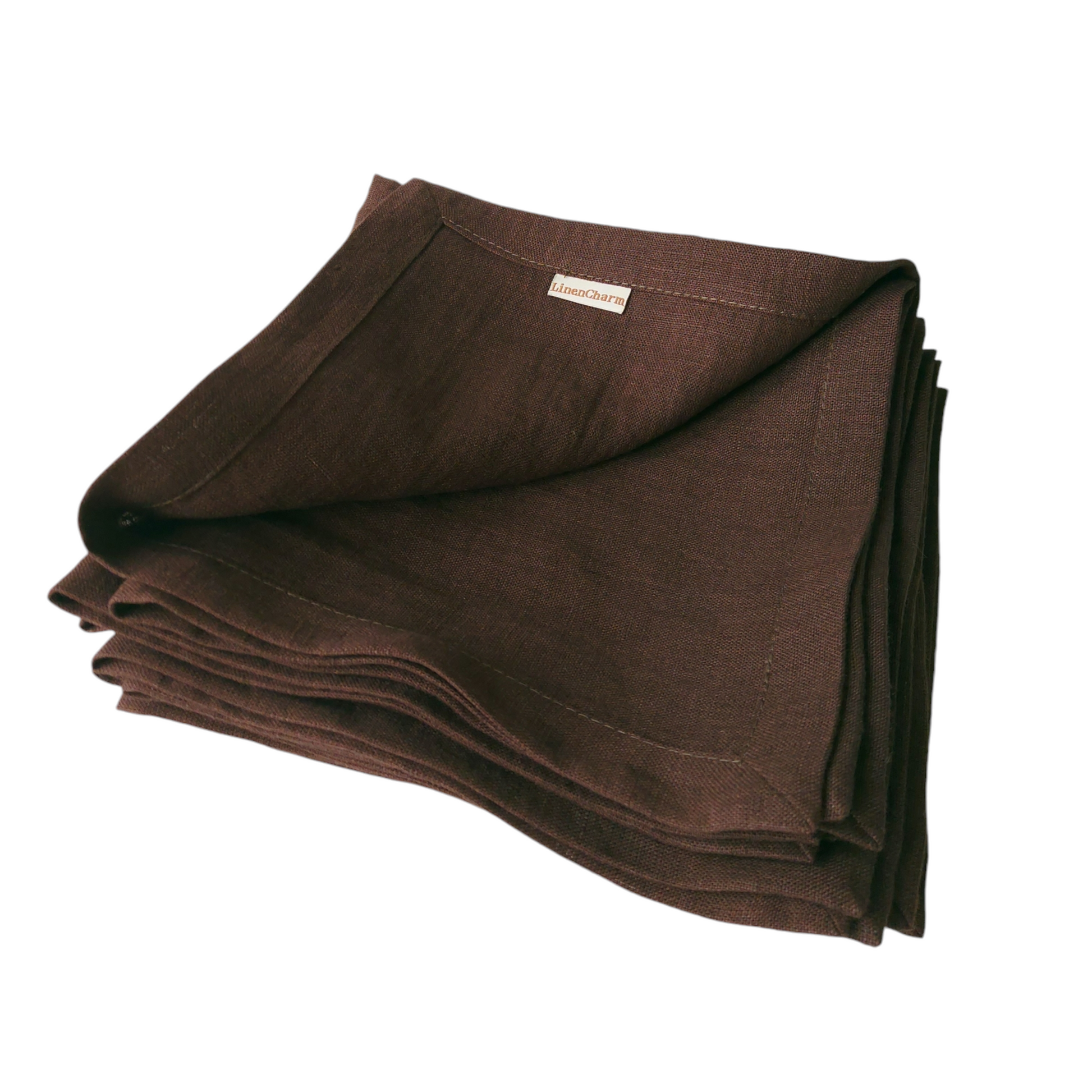 Flat lay of chocolate brown linen napkins – 100% linen, 205g/m²