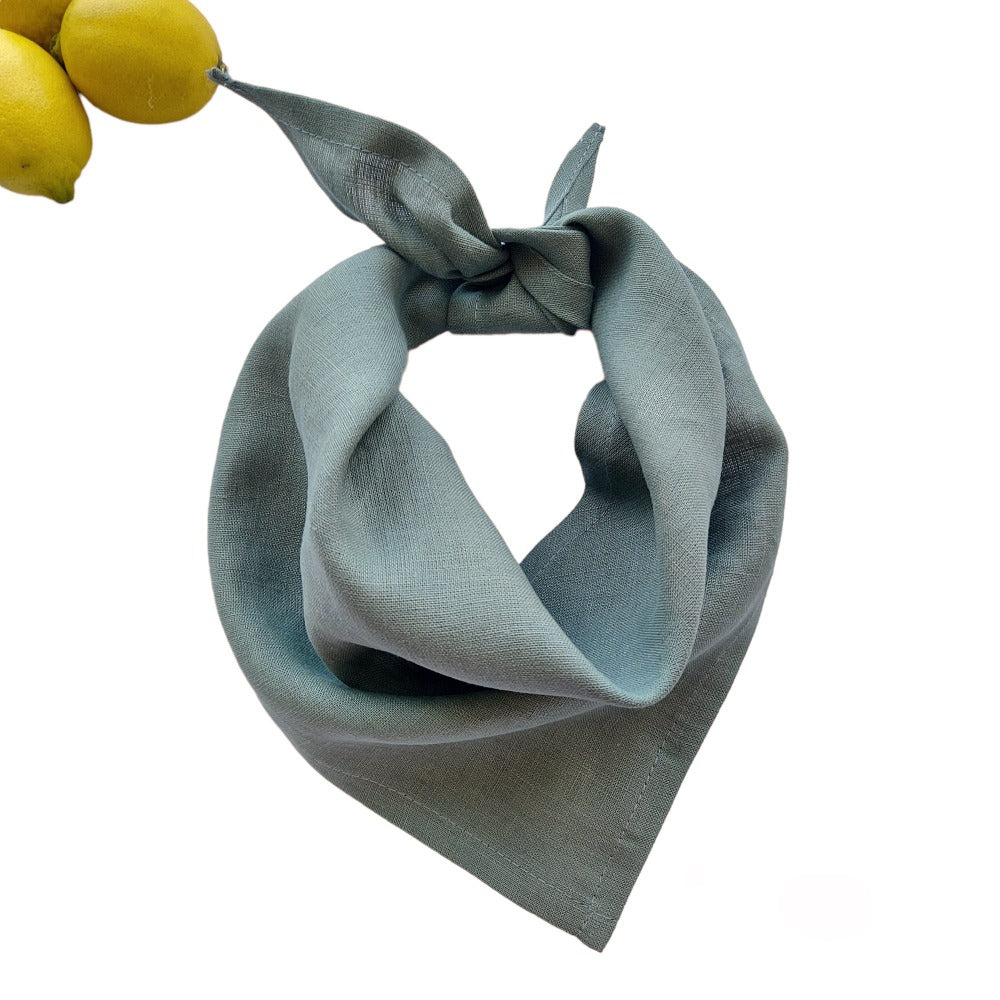 Green gray linen bandana folded flat – 82 × 38 cm handmade design