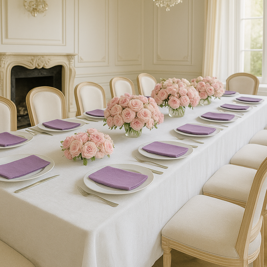 Table setting with lilac linen napkins for romantic wedding decor