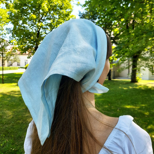Model wearing  linen headscarf tied from 60 x 60 cm square bandana