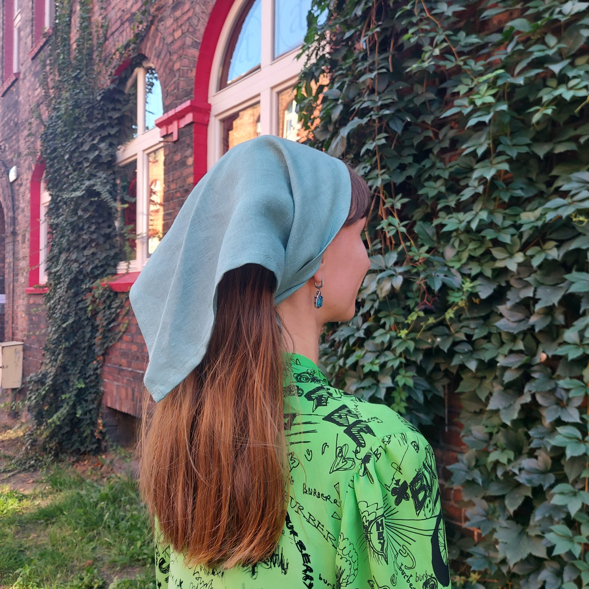 Close-up texture of breathable dark mint OEKO-TEX® certified linen bandana