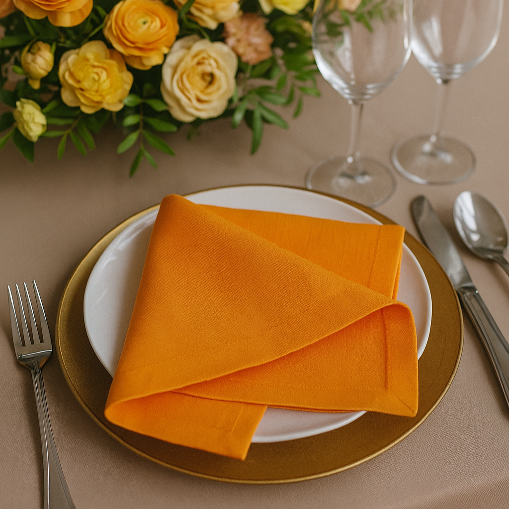 Wedding table with orange linen napkins and natural decor