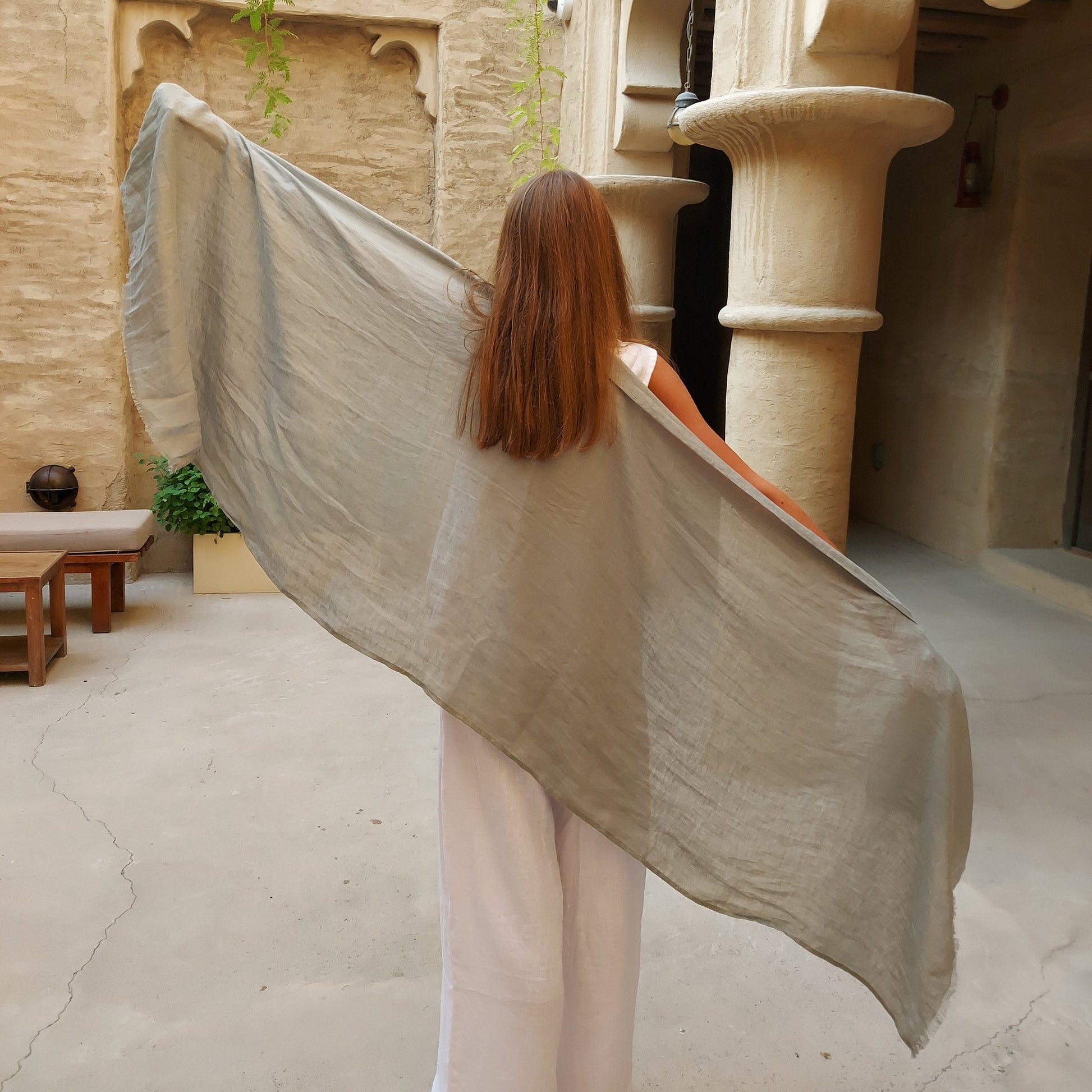 Long linen scarf in sage color – handmade in Europe