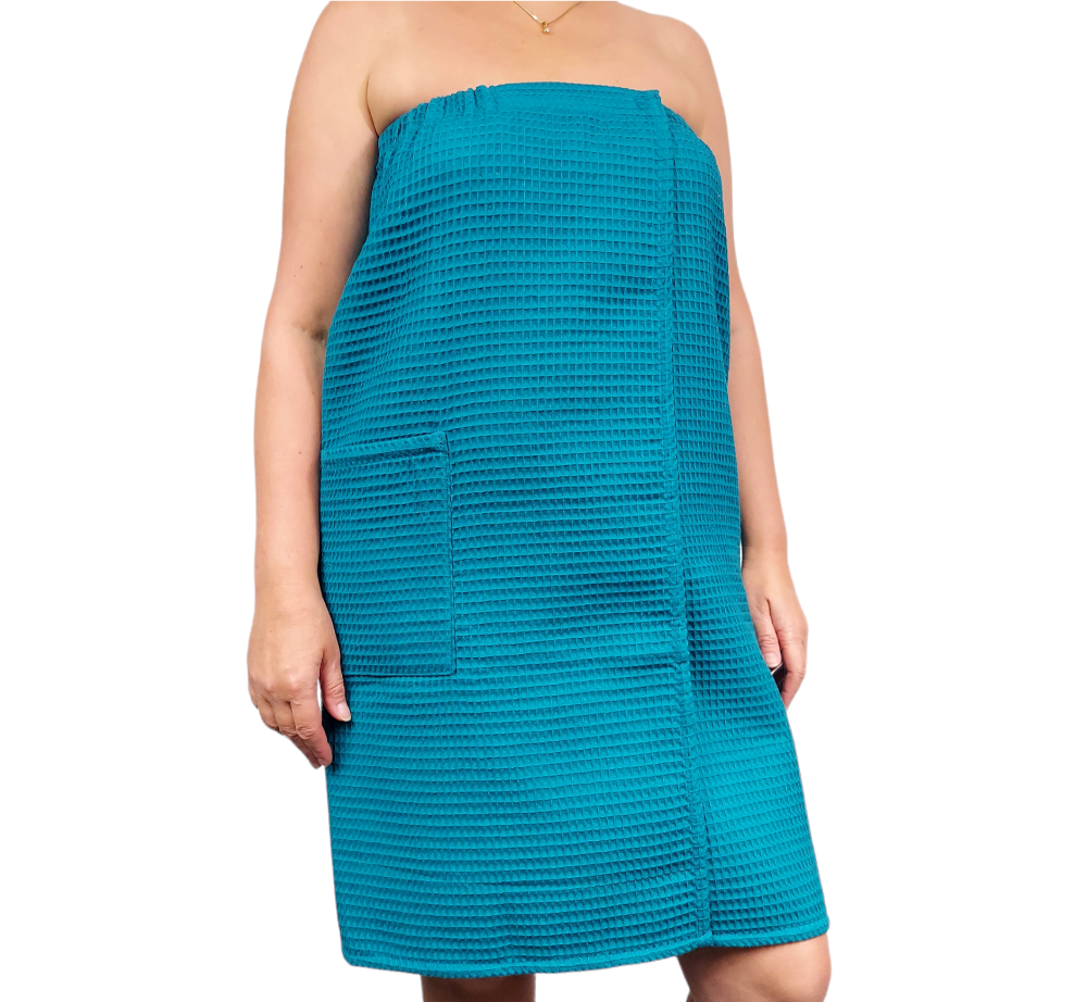 Detail of Sea Blue Cotton Towel Wrap for Women with Velcro Closure
