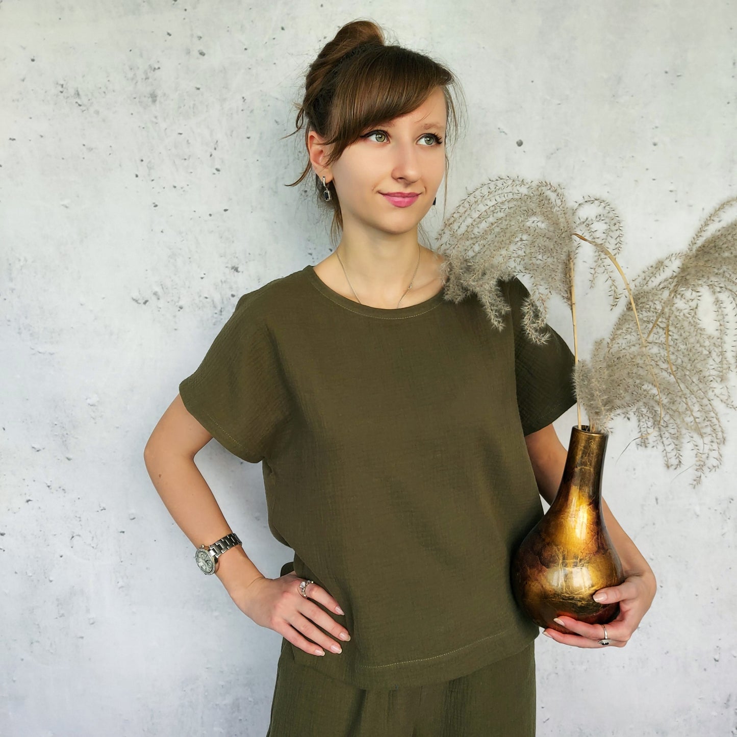 Cotton muslin top, Cotton blouse, Woman top S-XL, Casual home and beach wear, Moss
