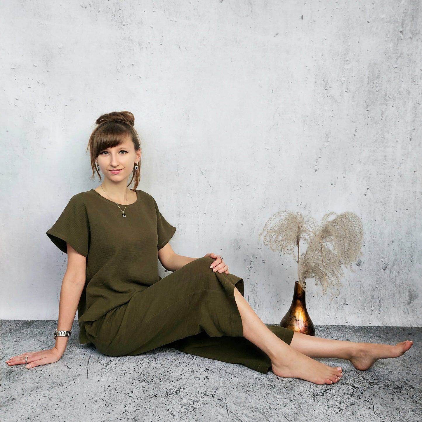 Cotton muslin top, Cotton blouse, Woman top S-XL, Casual home and beach wear, Moss