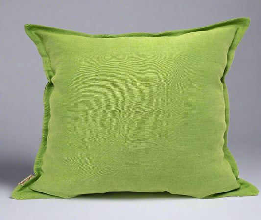 Fern green linen cushion cover with a small decorative flange and hidden zipper, perfect for enhancing home décor.