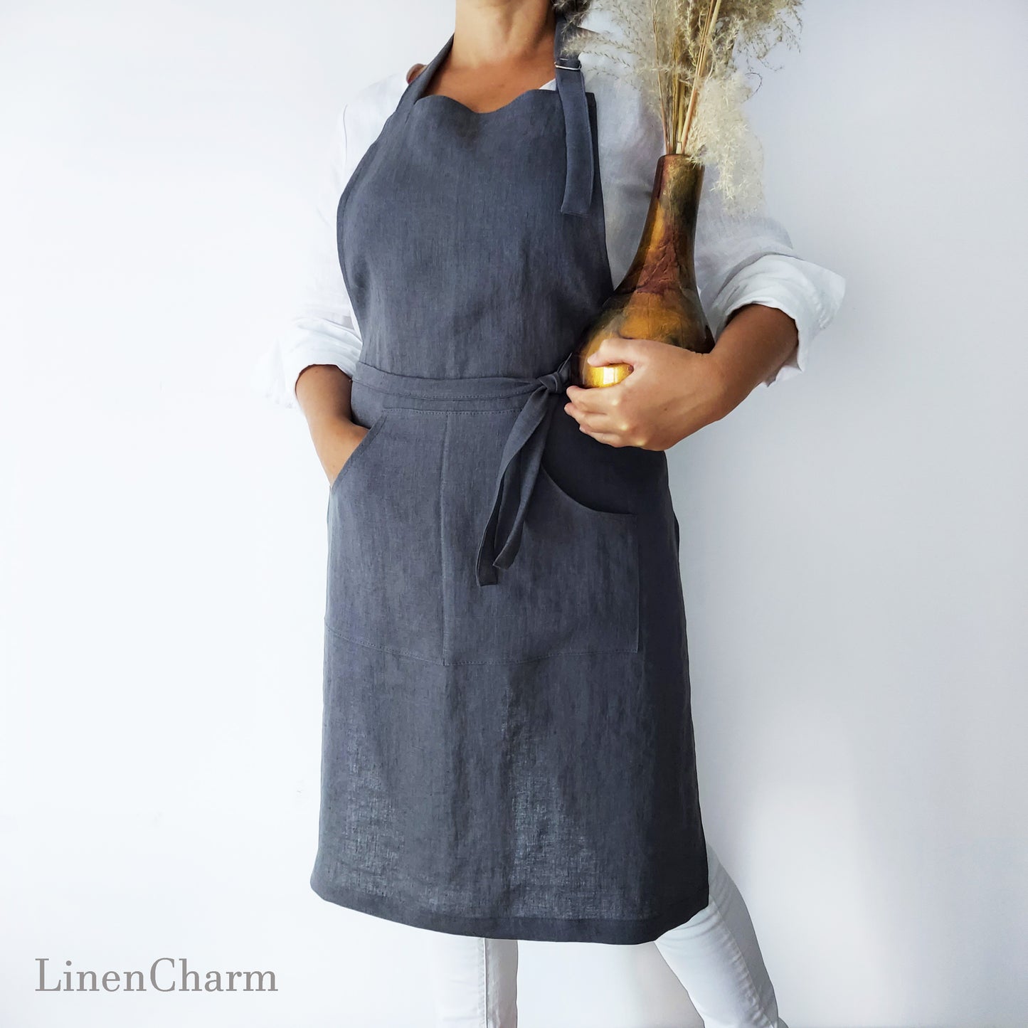 Stonewashed Linen apron. Kitchen apron for Women. Kitchen Apron for Men . Grey Apron.