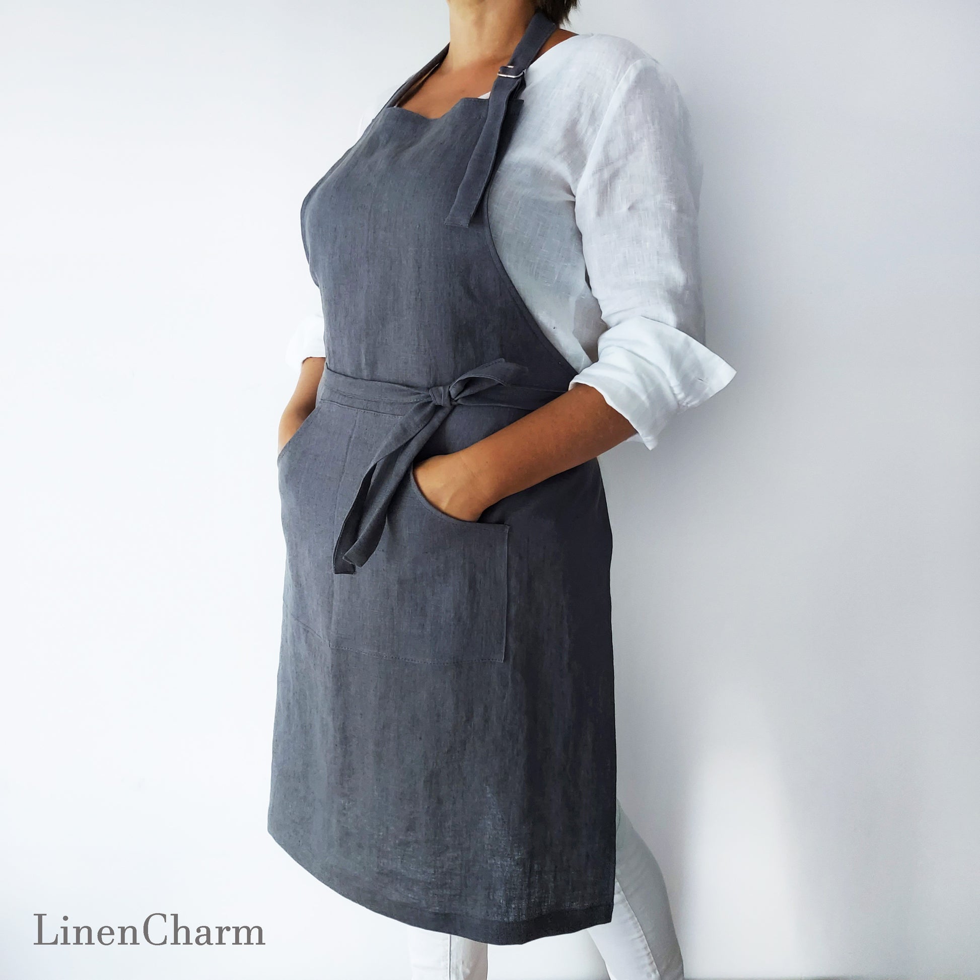 Stonewashed Linen apron. Kitchen apron for Women. Kitchen Apron for Men . Grey Apron.
