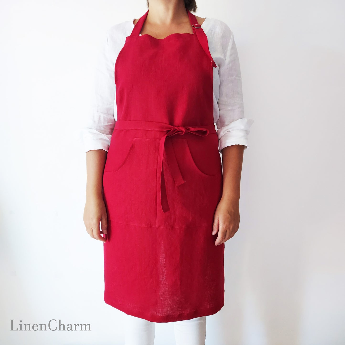 Stonewashed Linen apron. Kitchen apron for Women. Kitchen Apron for Men. Red Apron.