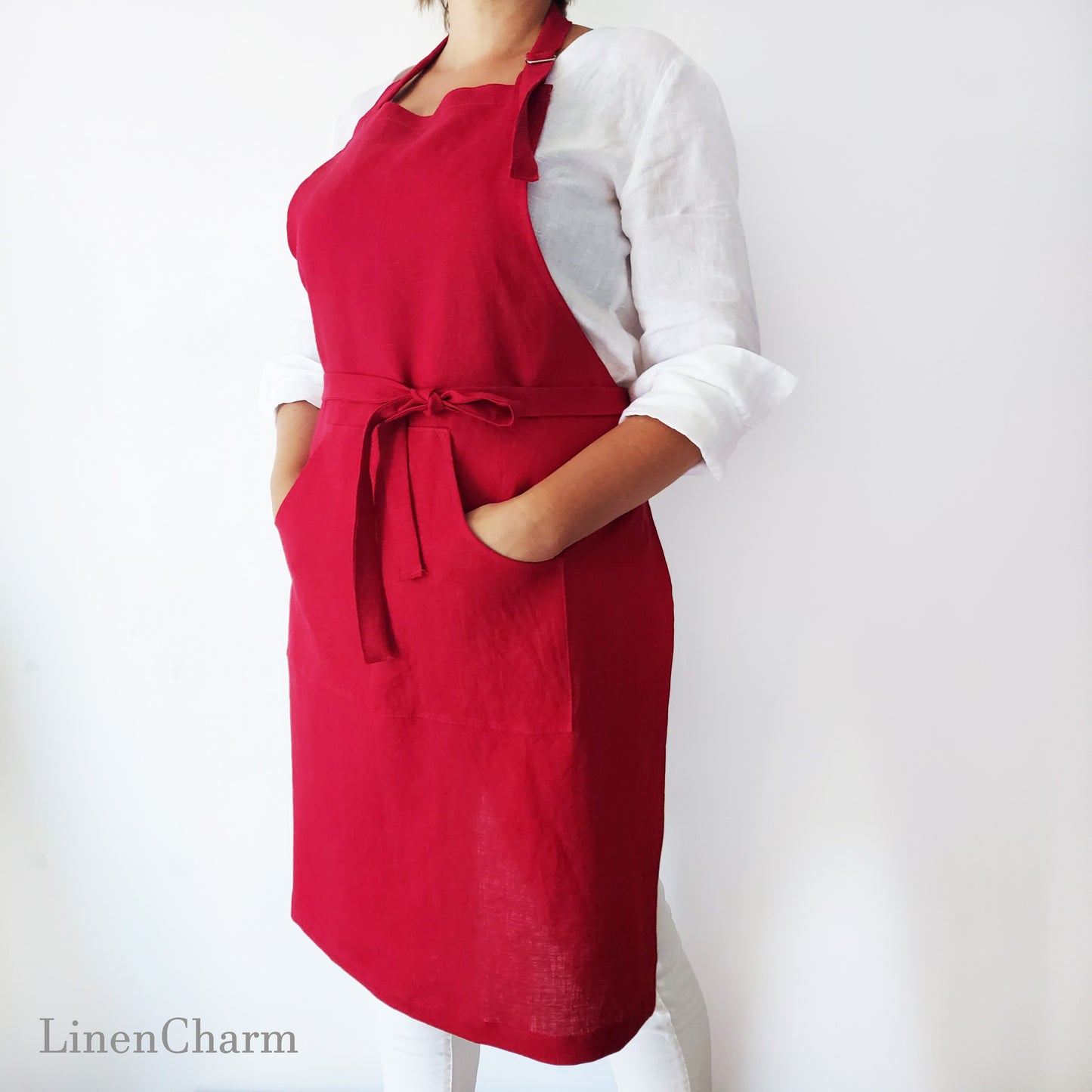Stonewashed Linen apron. Kitchen apron for Women. Kitchen Apron for Men. Red Apron.