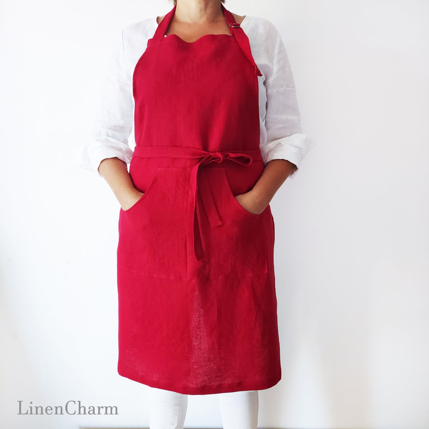 Stonewashed Linen apron. Kitchen apron for Women. Kitchen Apron for Men. Red Apron.