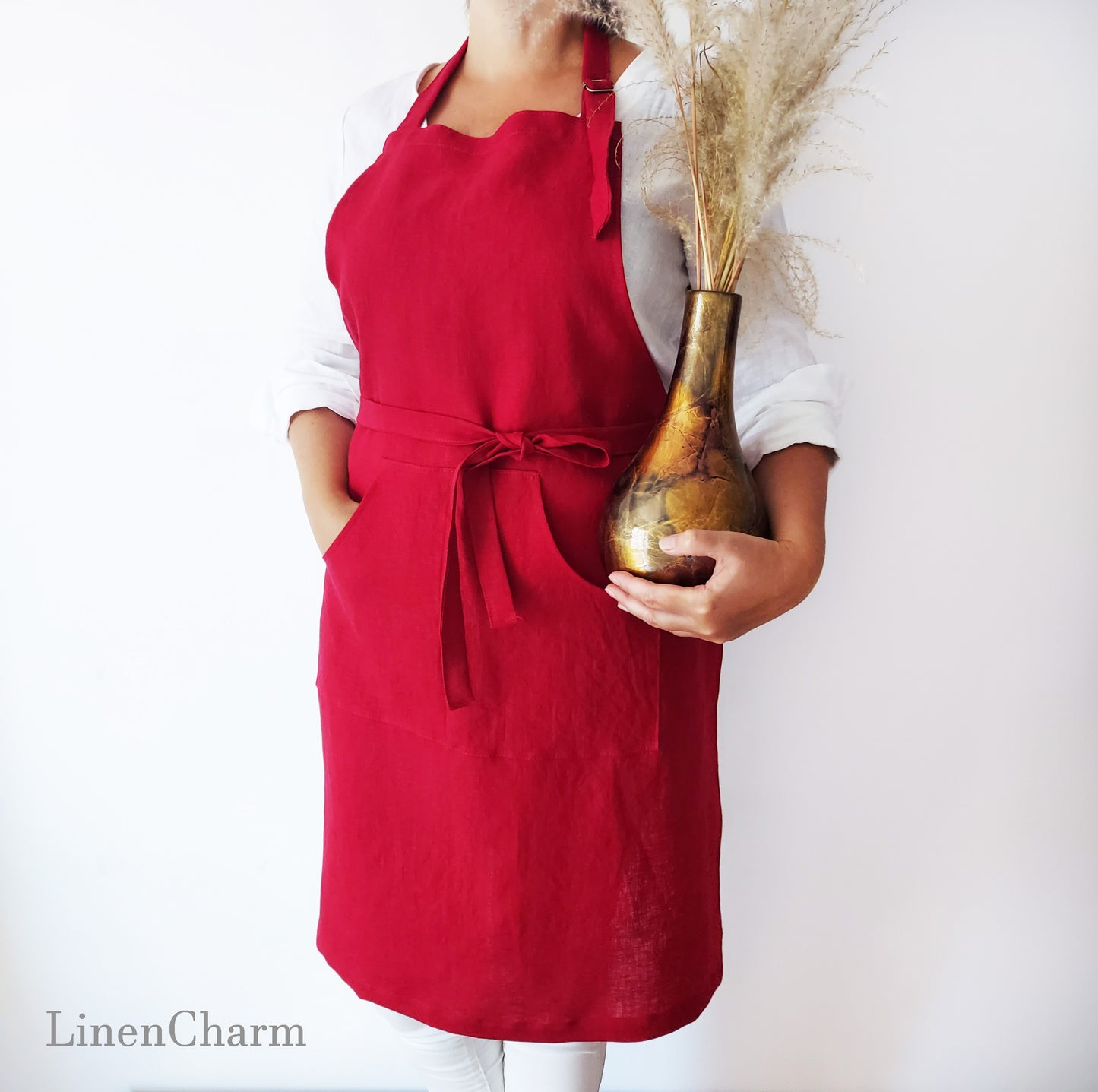 Stonewashed Linen apron. Kitchen apron for Women. Kitchen Apron for Men. Red Apron.