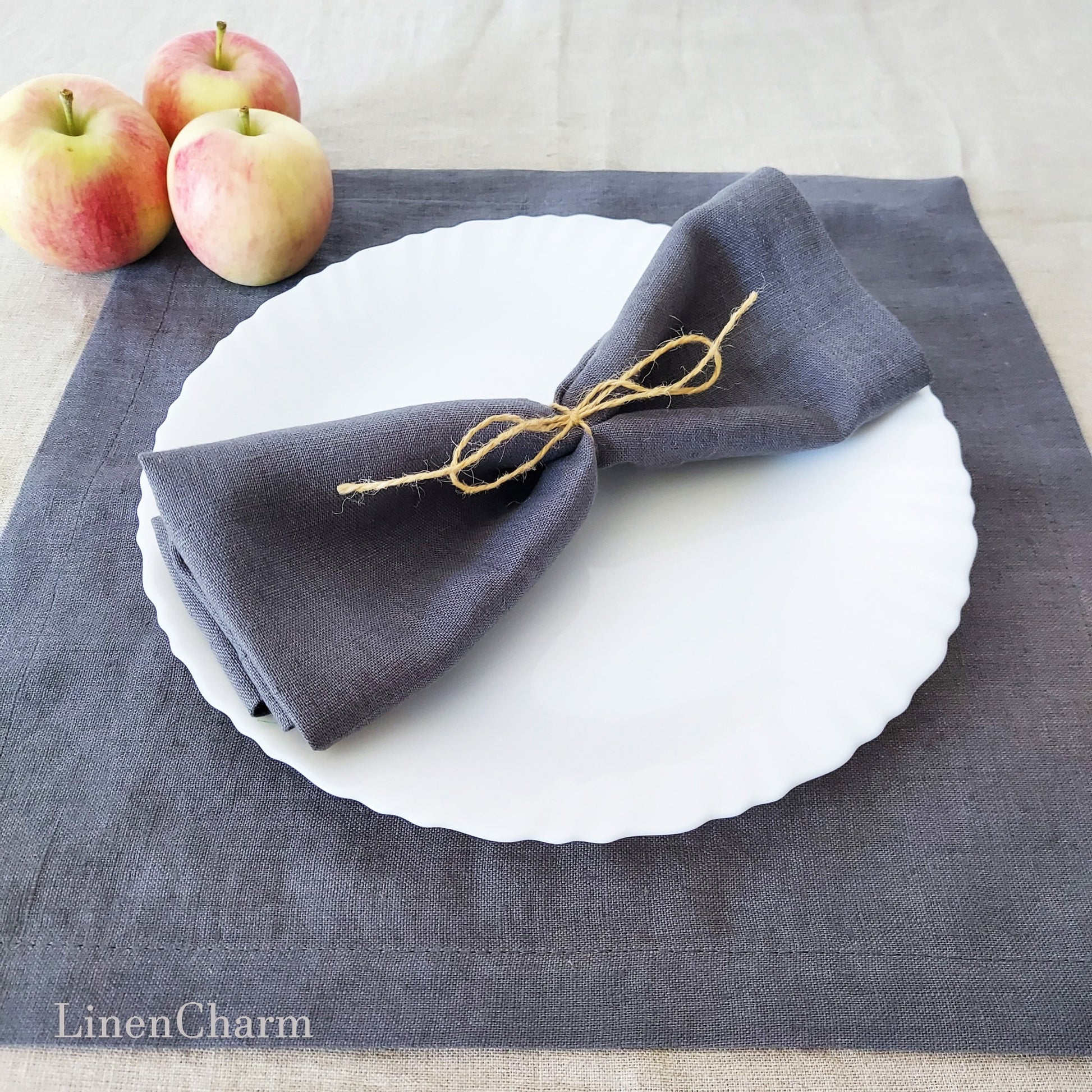 Flat lay of grey linen napkins – handmade 100% linen 205g/m²