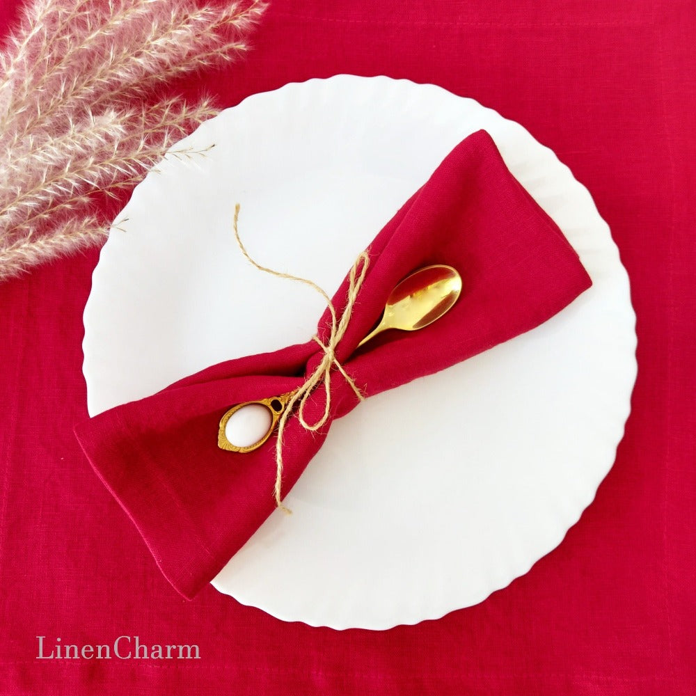 Close-up of OEKO-TEX® certified red linen napkin texture