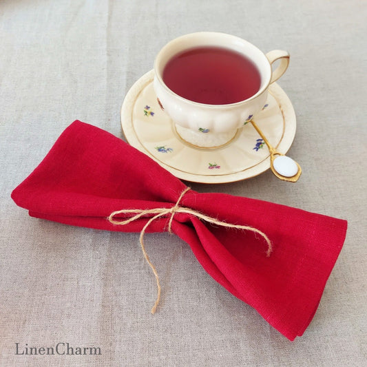 Flat lay of red linen napkins – handmade, 100% linen