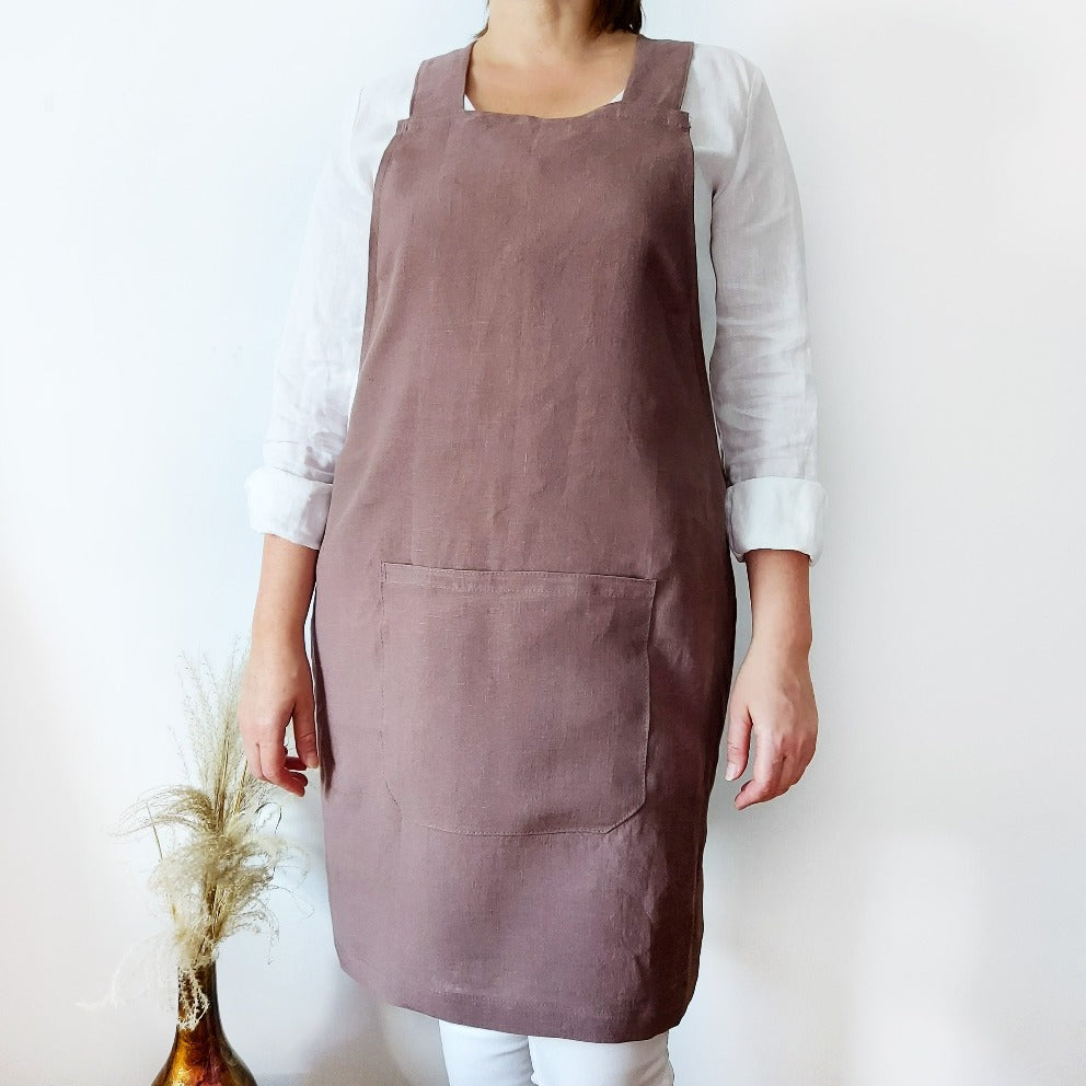 Japanese apron, linen apron, pinafore apron, linen apron with pockets, cross back apron