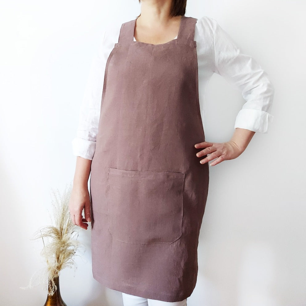 Japanese apron, linen apron, pinafore apron, linen apron with pockets, cross back apron