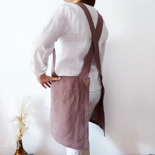 Linen Apron Cross Back with Two Pockets - stonewashed linen - pure