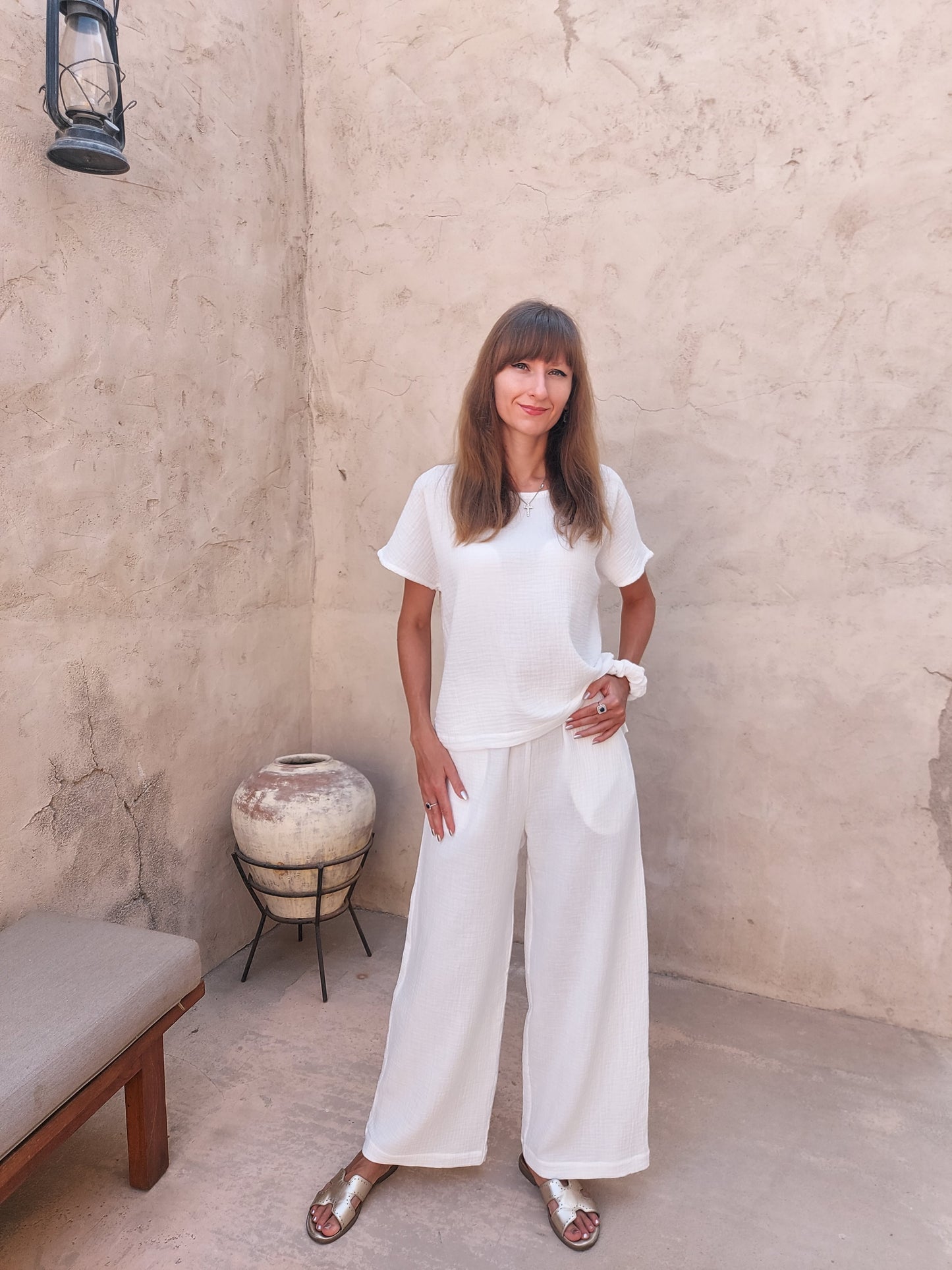 Cotton muslin top and trousers set, Muslin clothes set S-XL Off White