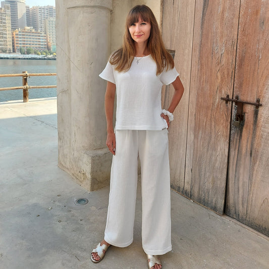 Cotton muslin top and trousers set, Muslin clothes set S-XL Off White