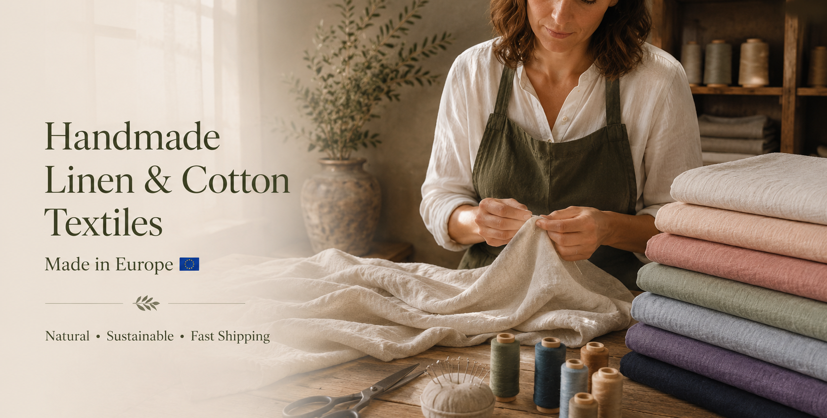 Woman working with linen and cotton textiles in a workshop setting.