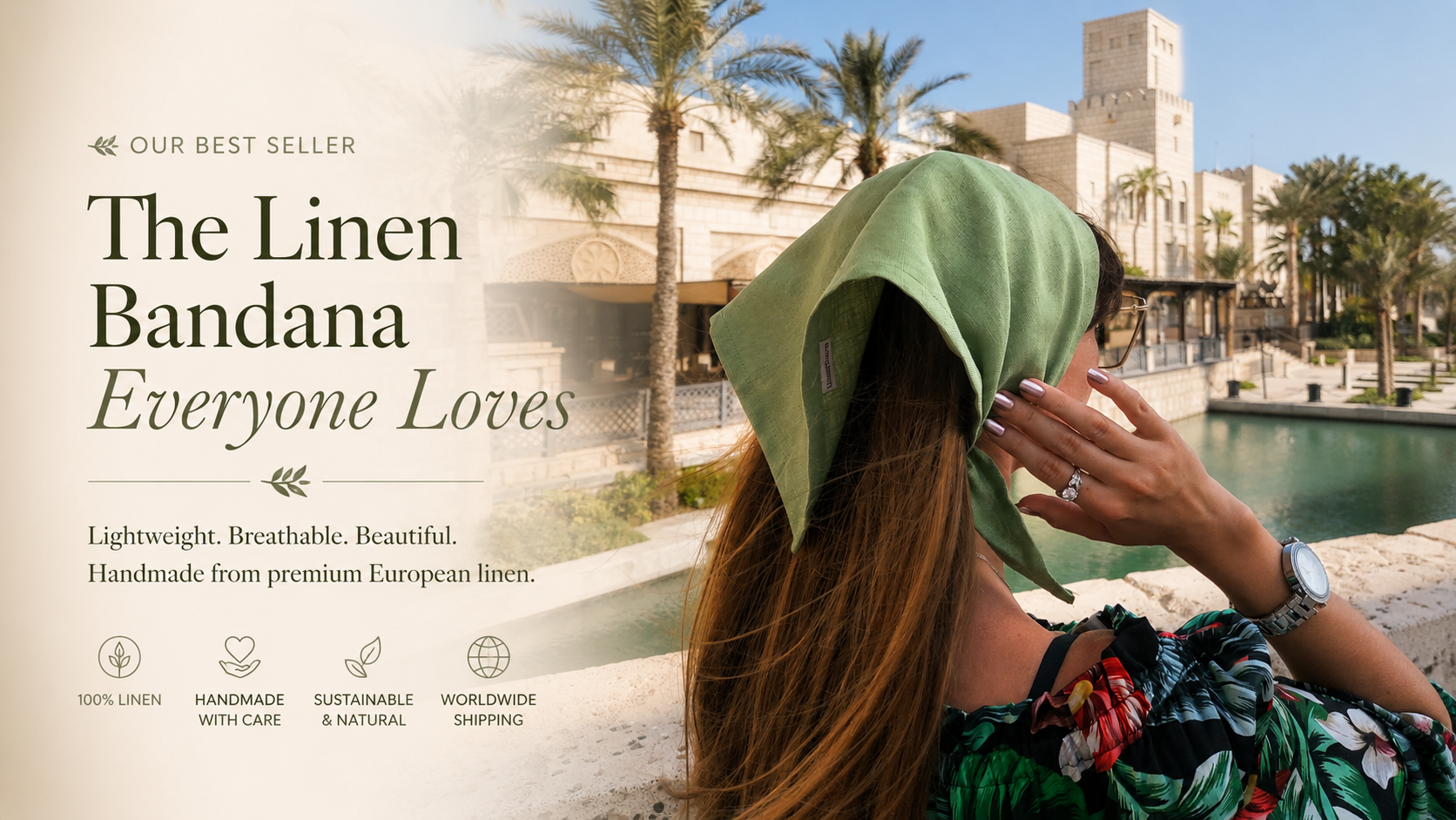Woman wearing a green linen bandana with scenic background