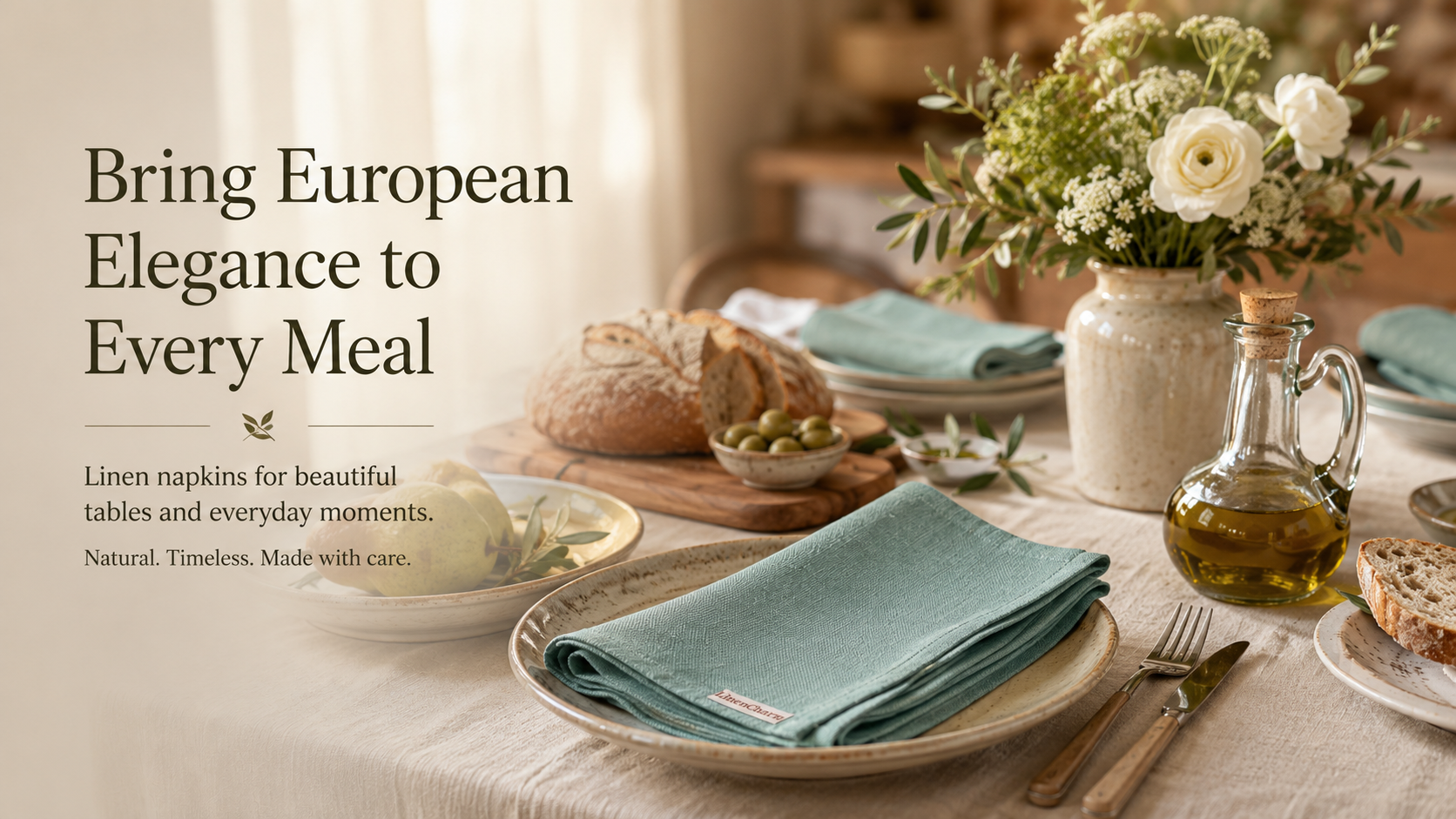 Table setting with linen napkins, bread, and a vase of flowers with text about European elegance.