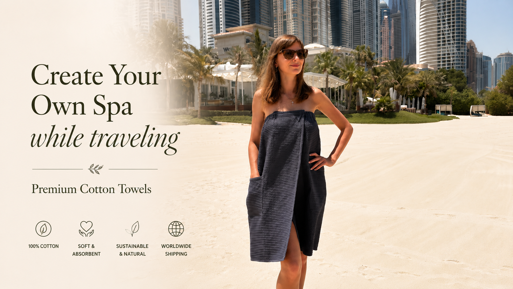 Woman wrapped in a towel on a beach with text about creating a spa experience while traveling.