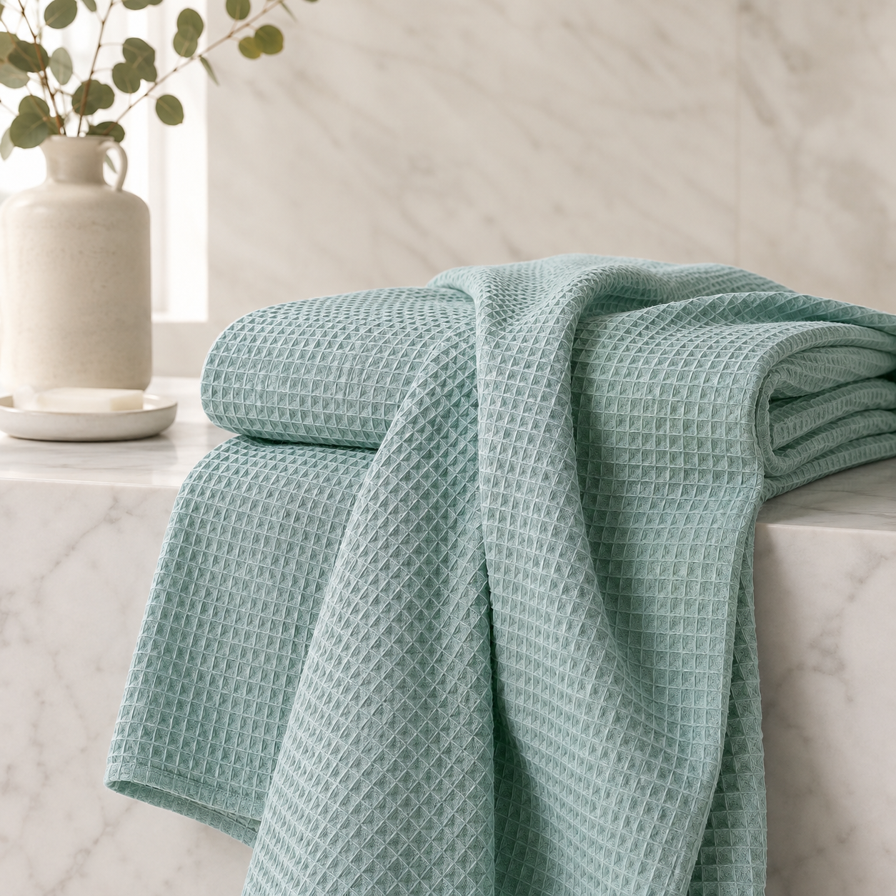 A folded and draped sage green waffle-weave throw blanket on a white marble surface, styled with a ceramic vase and eucalyptus leaves in the background.