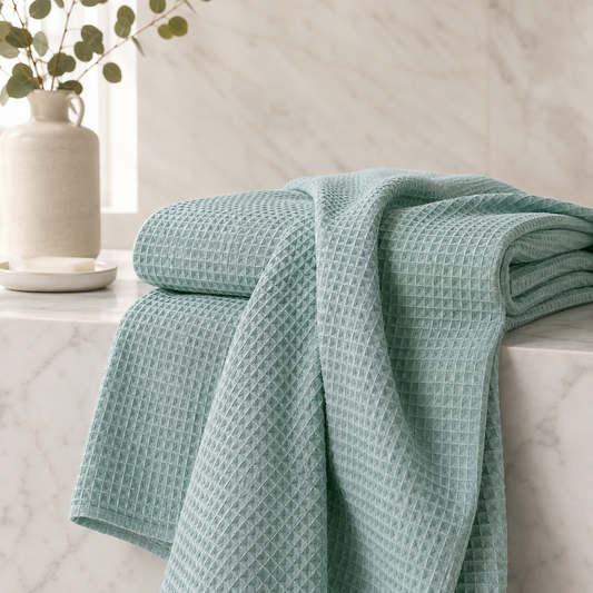 A folded and draped sage green waffle-weave throw blanket on a white marble surface, styled with a ceramic vase and eucalyptus leaves in the background.