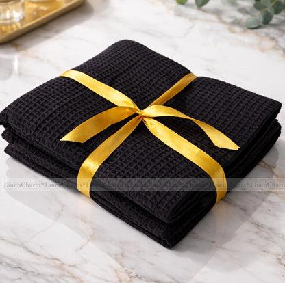 Cotton Waffle Towel – Lightweight Bath & Sauna Towel Black (230gsm)