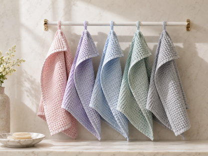 Four waffle-weave guest towels in soft pastel colors hanging from a white rod with gold hardware on a light marble wall. The towels are pink, lavender, light blue, and sage green.