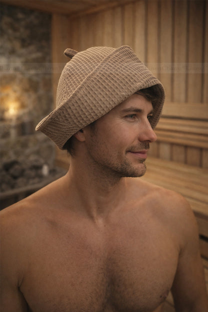 Sauna Hat – Waffle Cotton 100% – Unisex Spa Cap – Head Protection - Taupe