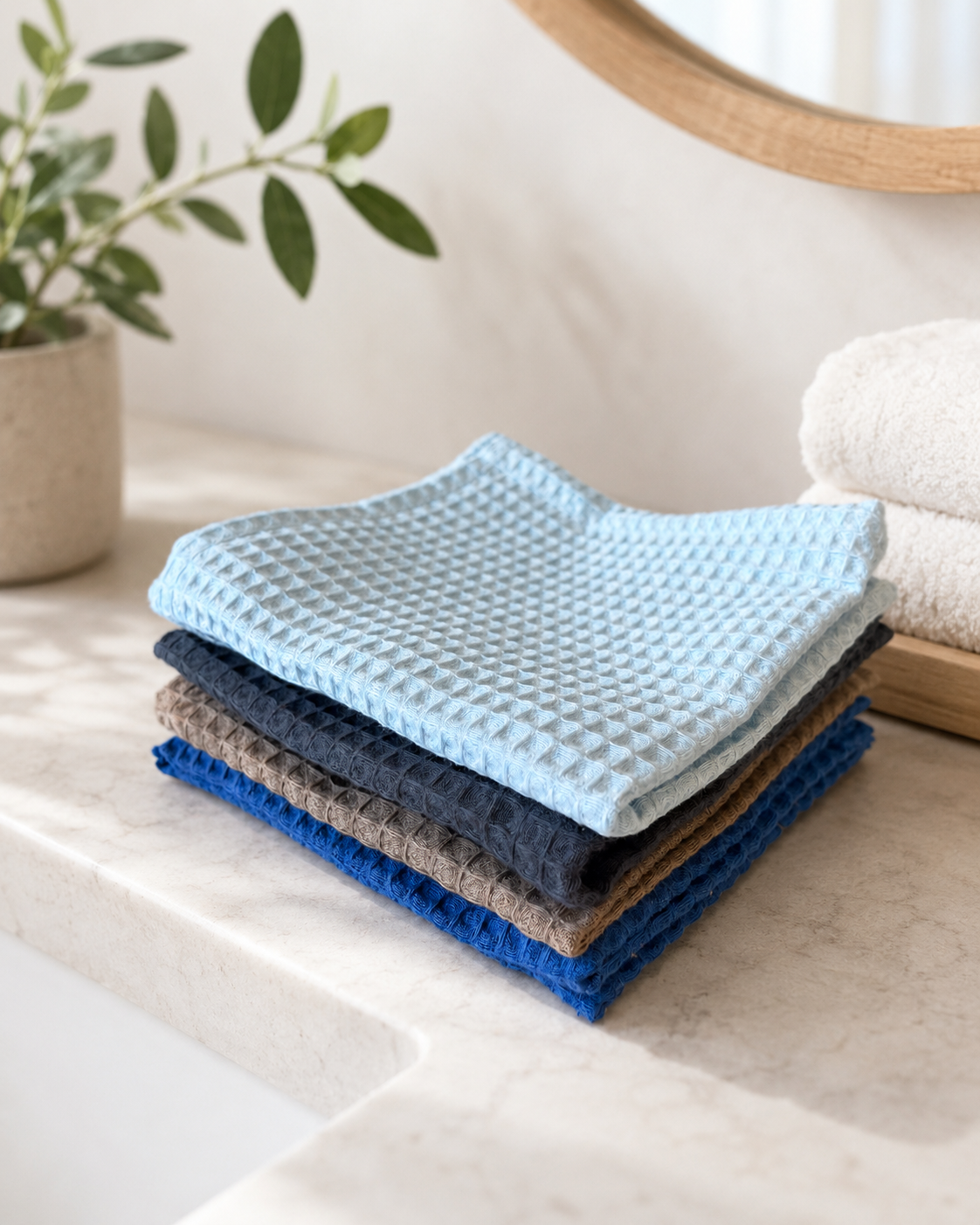 A stack of five waffle-weave kitchen towels in light blue, dark blue, navy, taupe, and royal blue, arranged on a light marble countertop with a potted plant and folded white towels in the background.