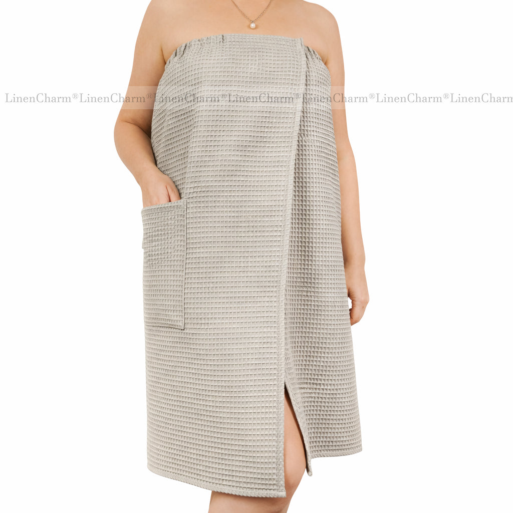 Minimalist women’s sauna towel wrap in grey beige linen fabric with pocket detail