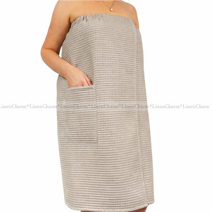 Luxury women’s bath wrap skirt in soft grey beige linen, breathable spa wear XS–6XL