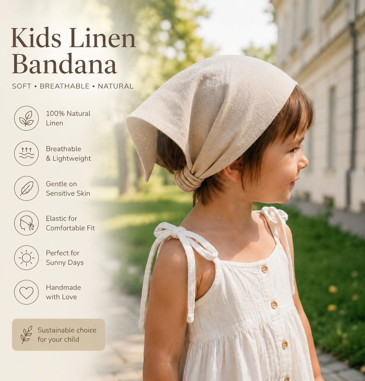 Child wearing a linen bandana with product features listed on the left.